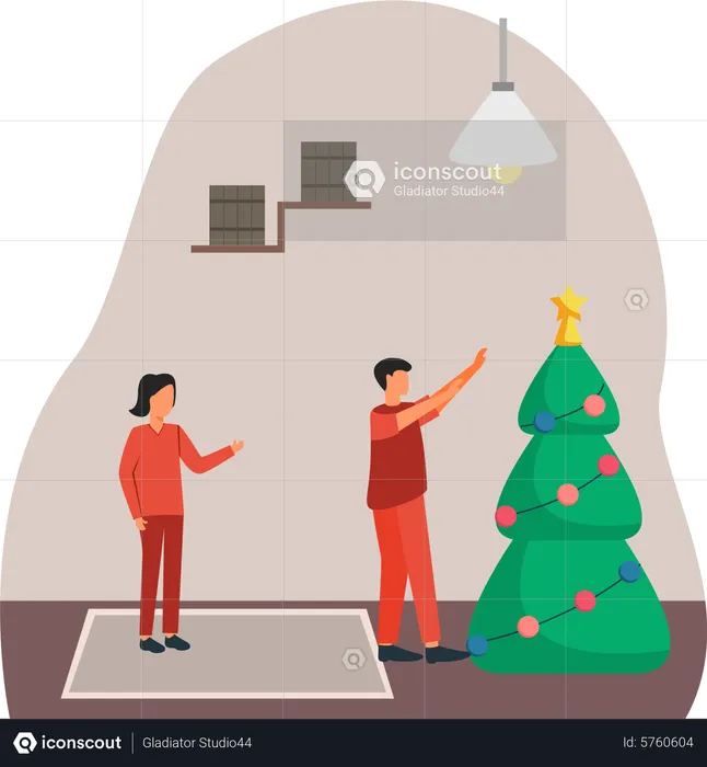 Couple decorating Christmas tree  Illustration