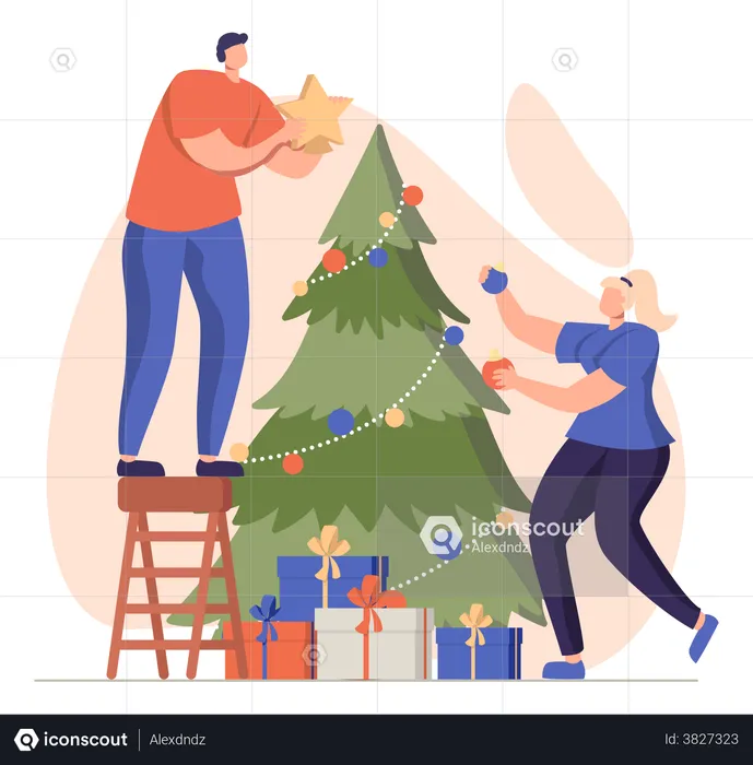 Couple Decorating Christmas Tree  Illustration