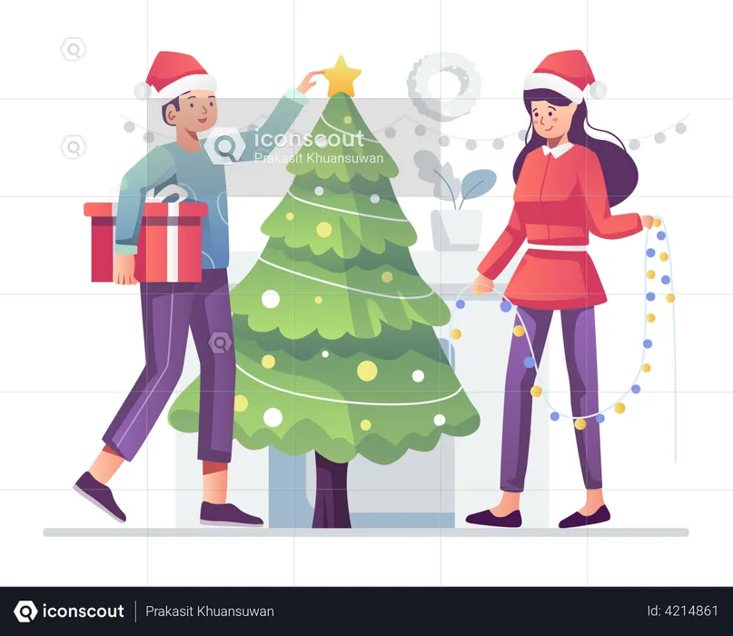 Couple decorating christmas tree  Illustration