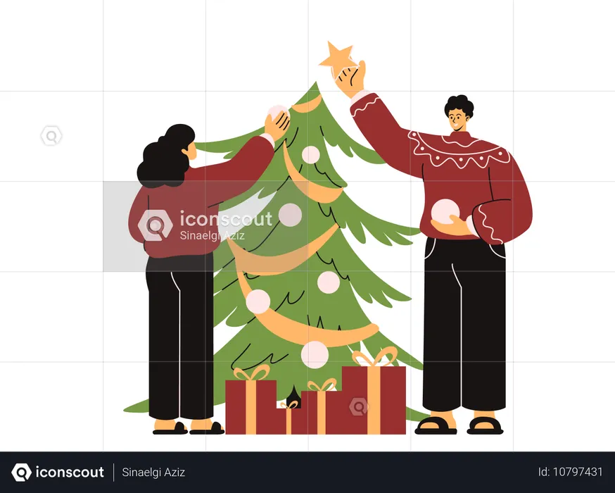 Couple Decorating Christmas Tree  Illustration