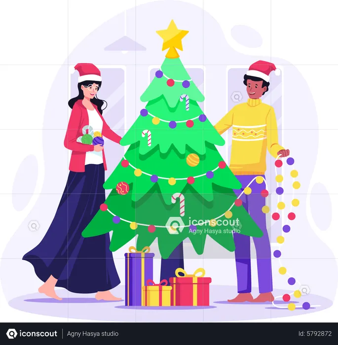 Couple decorating Christmas tree together for Christmas  Illustration