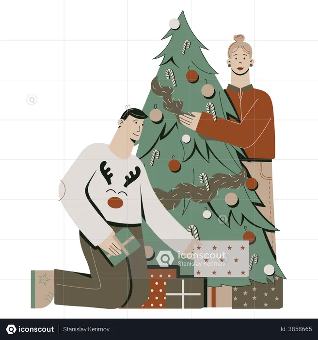 Couple décorant le sapin de Noël  Illustration