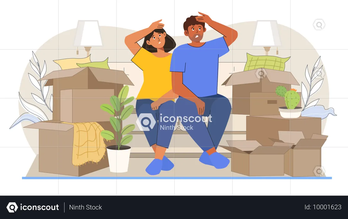 Couple relaxant assis ensemble sur un canapé dans une nouvelle maison après avoir déménagé  Illustration