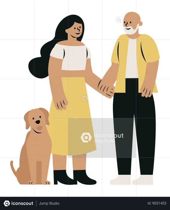 Couple Different Ages with Dog  Illustration