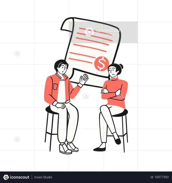 Couple discussing and reviewing financial documents  Illustration