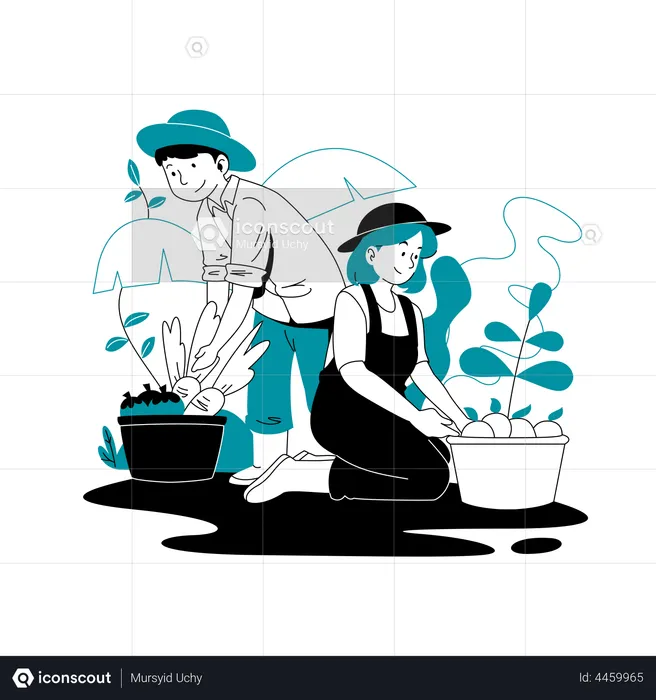 Couple Doing Gardening  Illustration