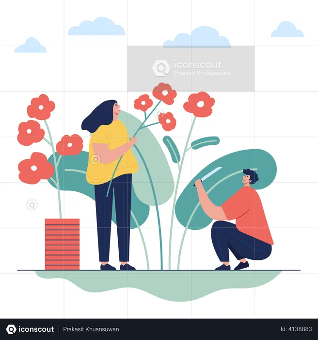 Couple doing gardening and collecting flowers  Illustration