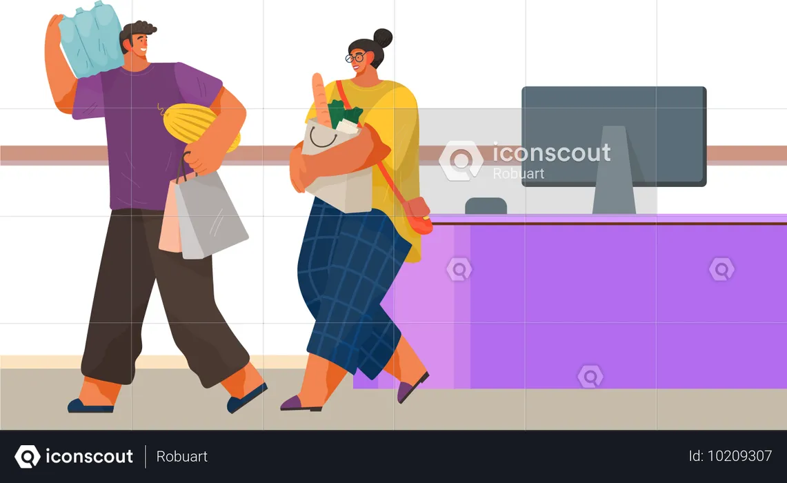 Couple doing grocery shopping at food supermarket  Illustration