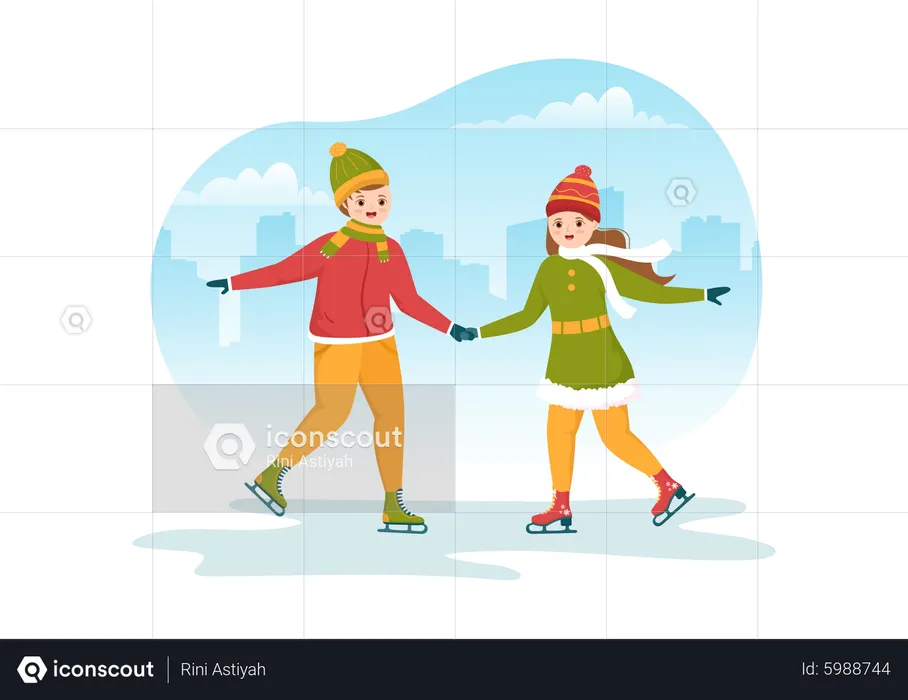 Couple doing ice skating by holding hands  Illustration