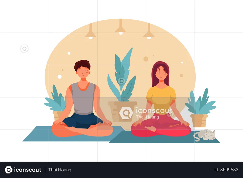 Couple doing meditation at home  Illustration