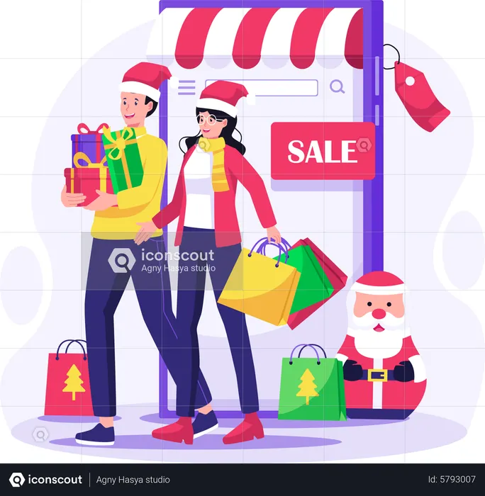 Couple Doing Online Shopping During Christmas Sale  Illustration