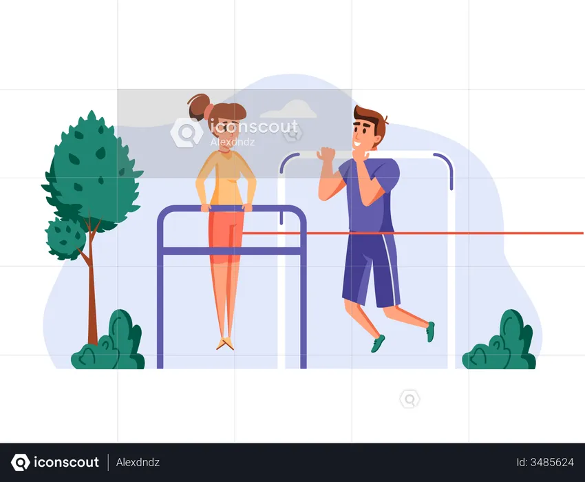 Couple doing pullups in park  Illustration