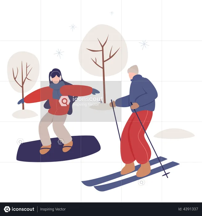 Couple doing skiing during winter season  Illustration