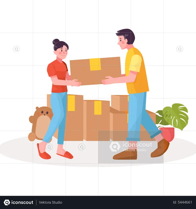 Couple doing unpacking of boxes  Illustration