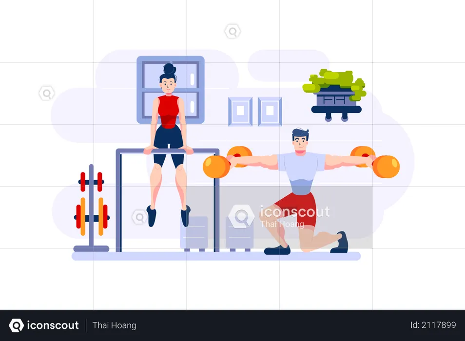 Couple doing weight lifting in the gym  Illustration