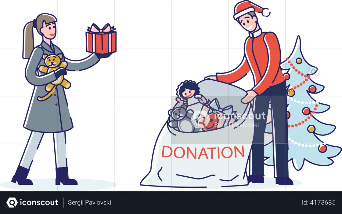 Couple donating toys during Christmas  Illustration