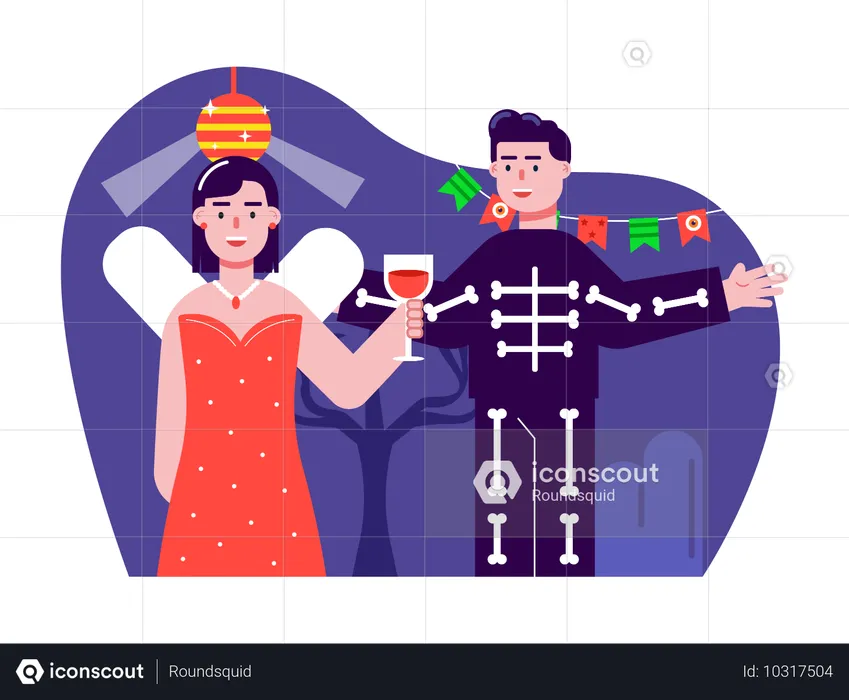 ハロウィーンの仮装パーティーに着飾ったカップル  イラスト