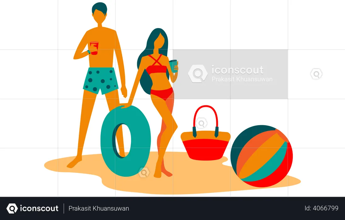 Couple drink on beach dress with beach ball and ring  Illustration