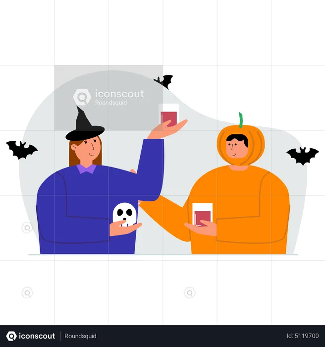 Couple drink wine to celebrate halloween  Illustration