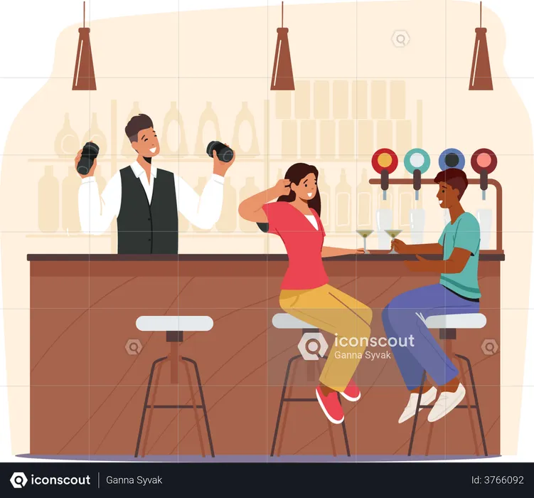 Couple drinking champagne at bar  Illustration