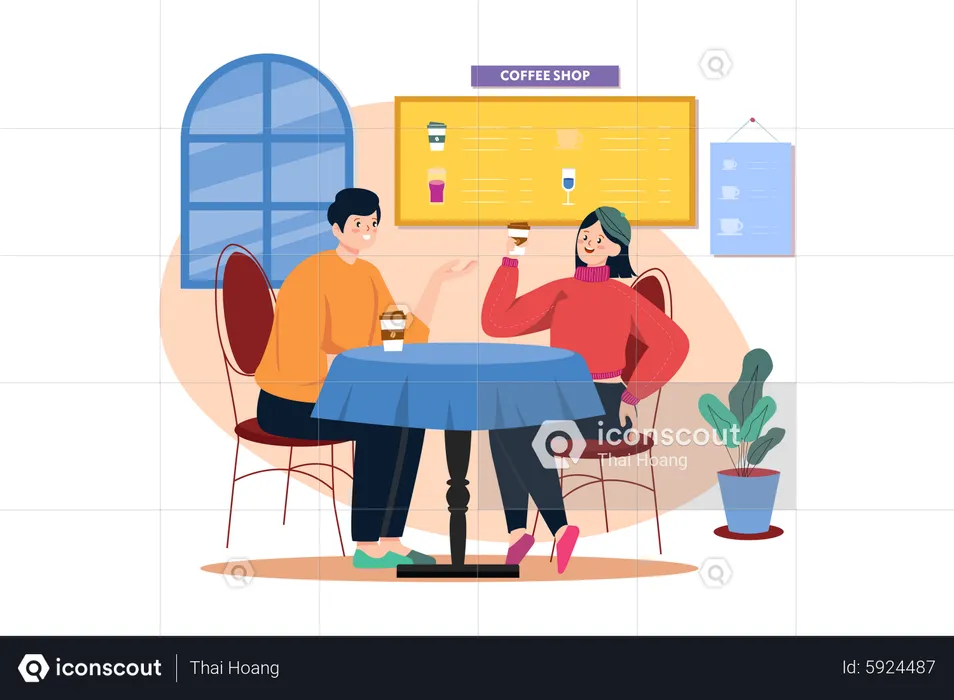 Couple drinking coffee in a coffee shop  Illustration