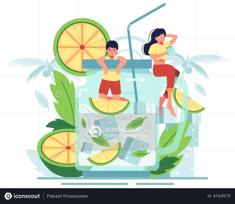 Couple drinking lemon juice in summer vacation  Illustration