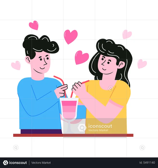 Couple drinking together from one drink  Illustration