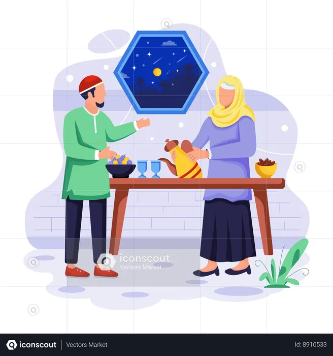 Couple drinks water in Iftar time  Illustration