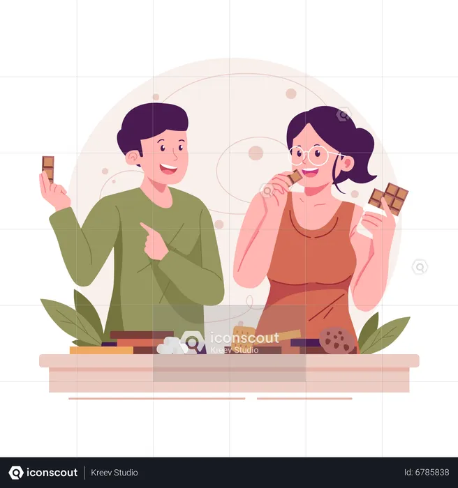 Couple eating chocolate and cookies  Illustration