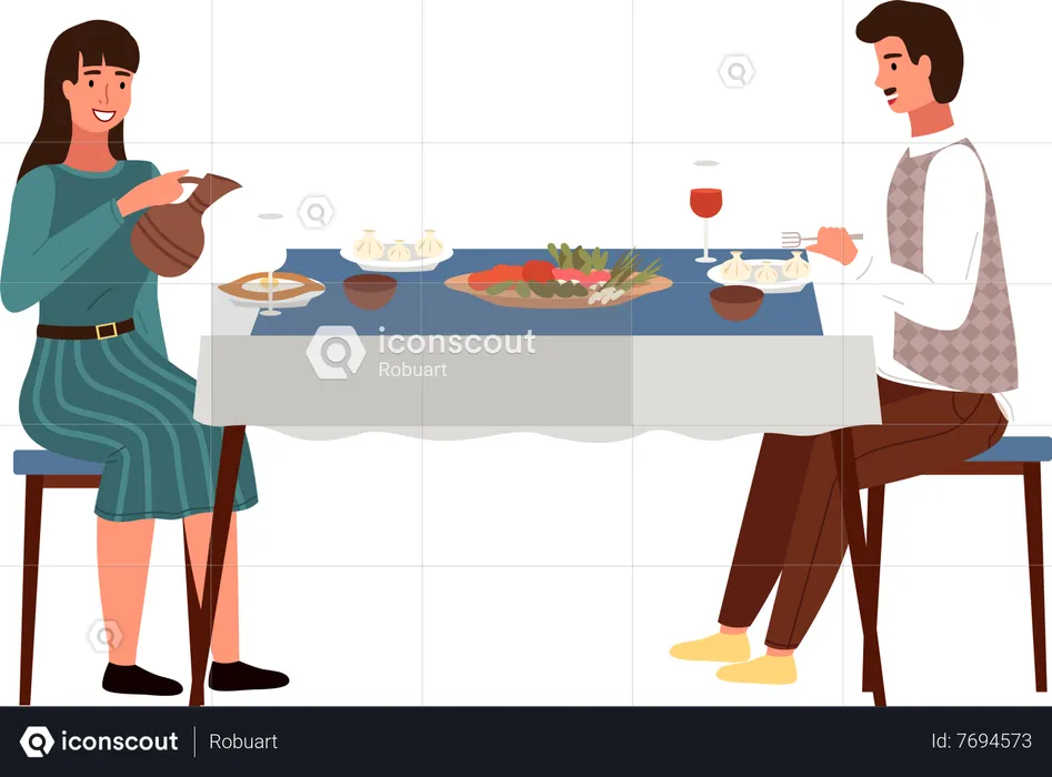 Couple eating georgian food  Illustration