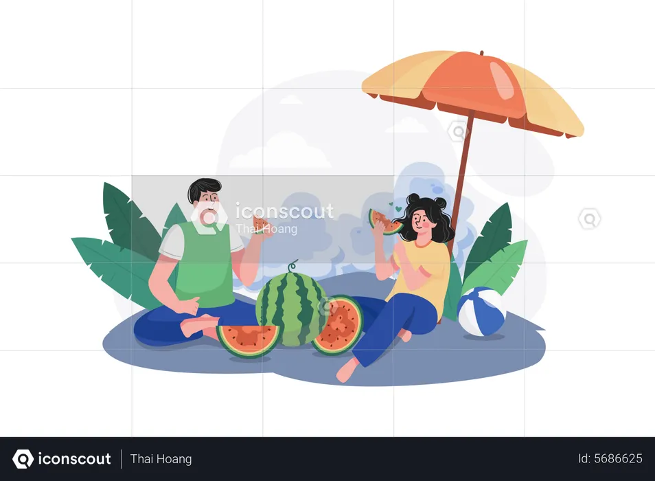 Couple eating watermelon at beach  Illustration