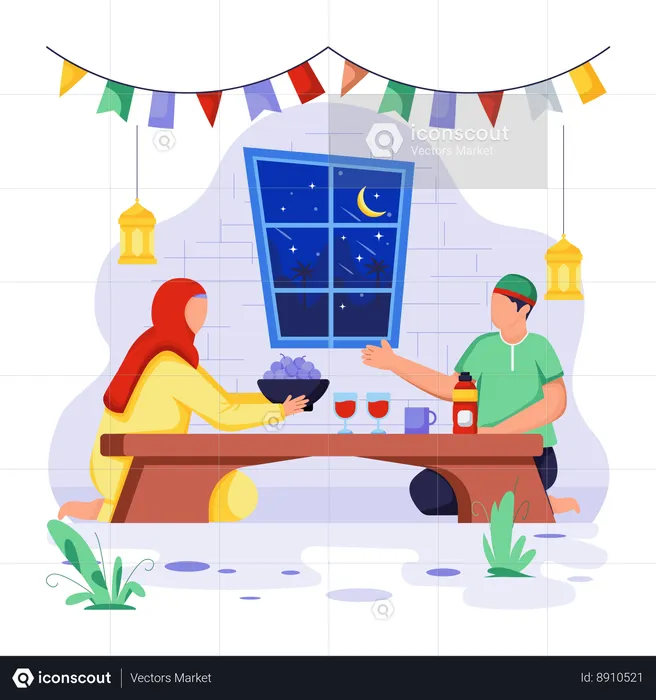 Couple eats food in Iftar time  Illustration