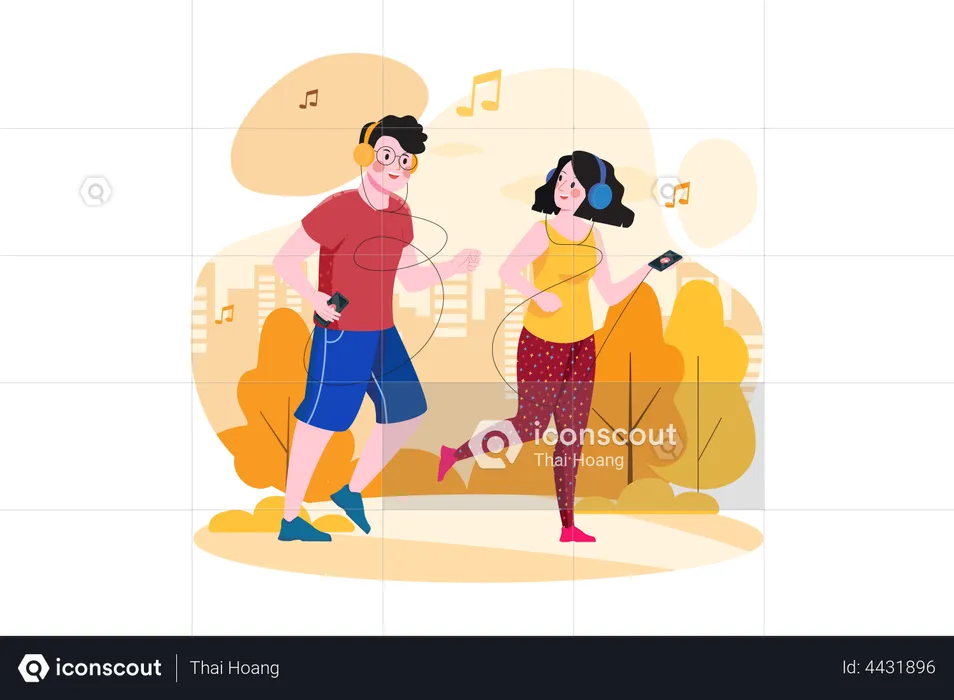 Couple écoutant le podcast en faisant du jogging dans le parc  Illustration