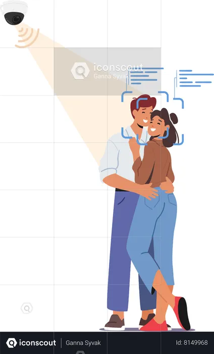 Couple Embracing Monitored Under Surveillance Cameras Face Recognition System  Illustration