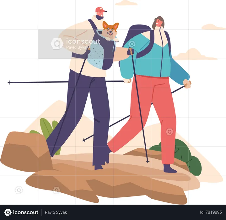 Couple enjoy adventure of hiking in mountains  Illustration