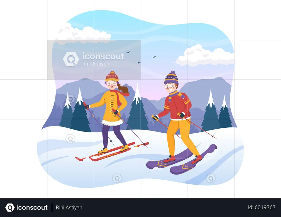Couple enjoy ski  Illustration