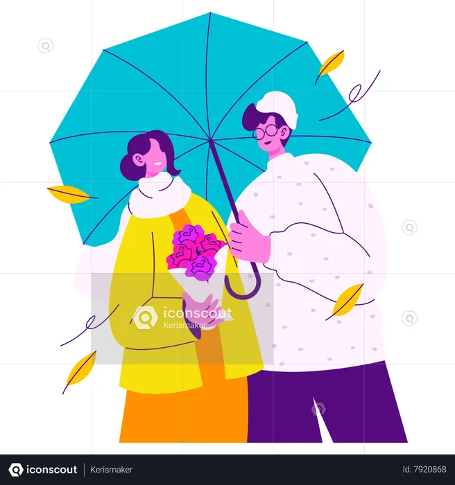 Couple Enjoying Autumn Under The Umbrella  Illustration