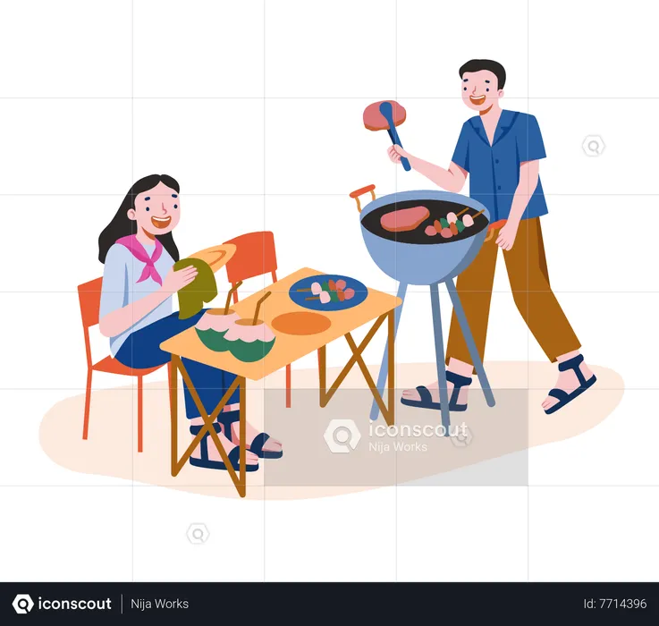 Couple enjoying Barbeque food  Illustration