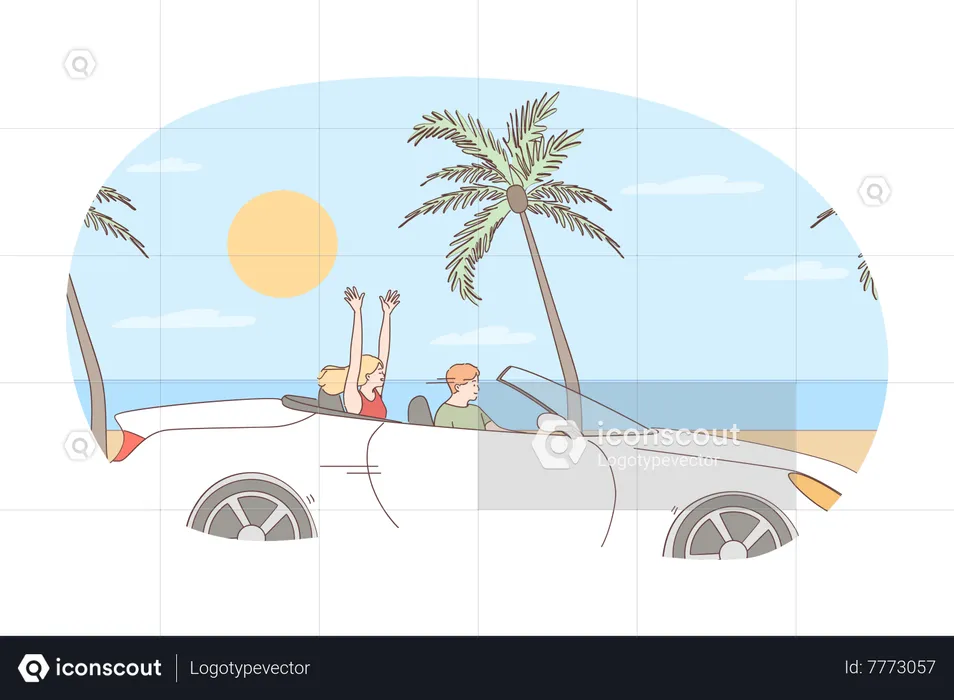 Couple enjoying car ride at beach  Illustration