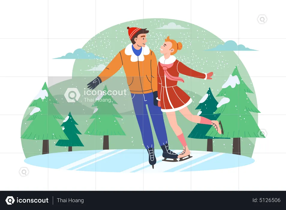 Couple Enjoying Dance During Ice Skating  Illustration