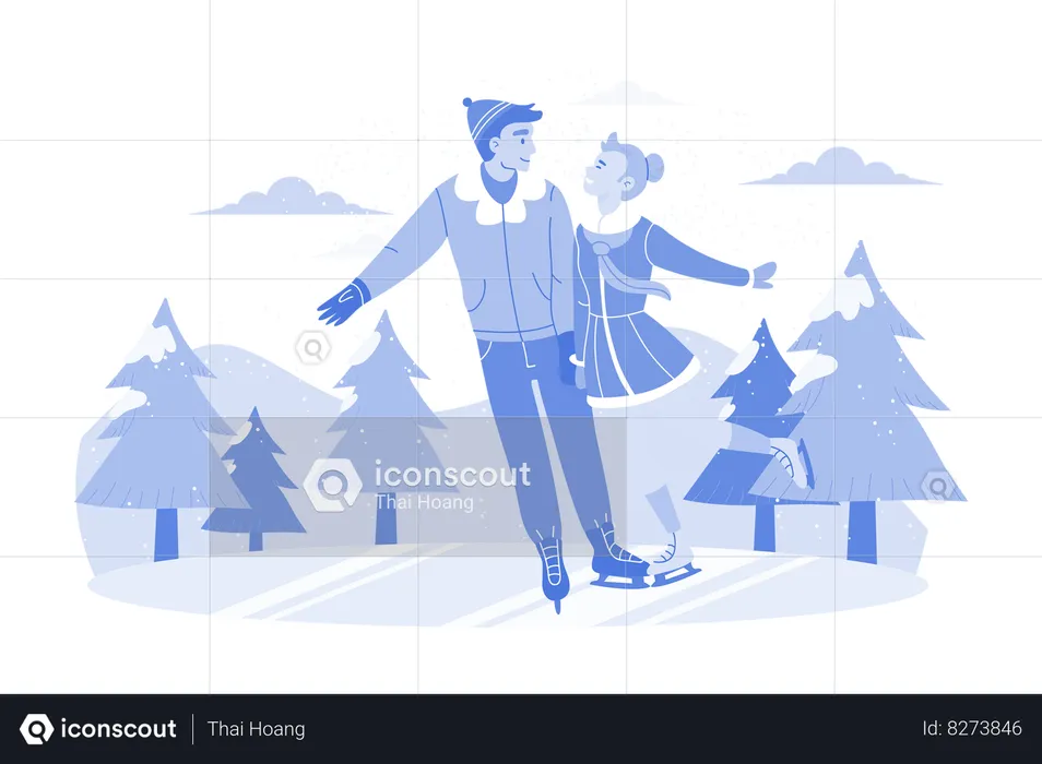 Couple Enjoying Dance During Ice Skating  Illustration