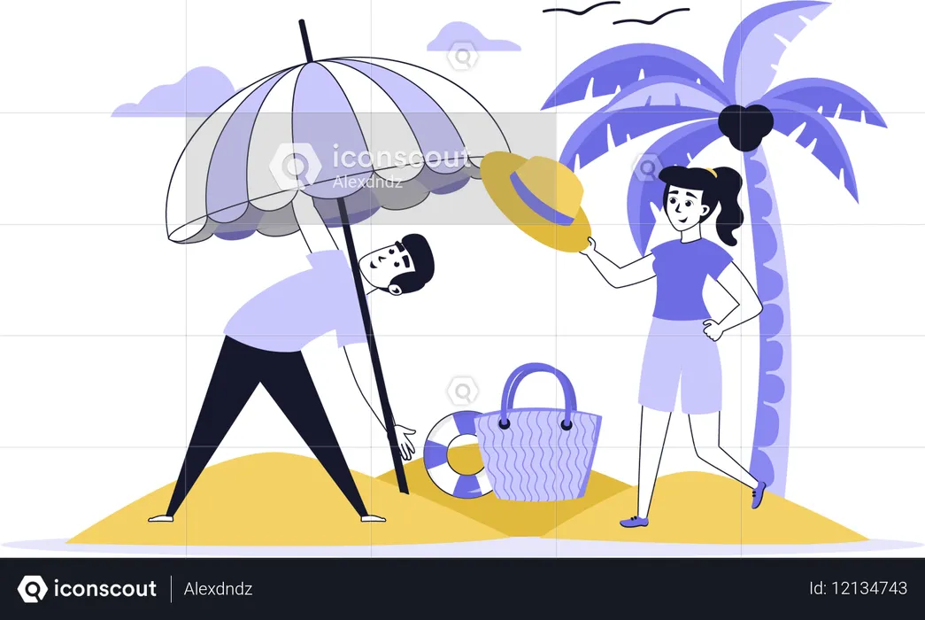ビーチで休暇を楽しむカップル  イラスト