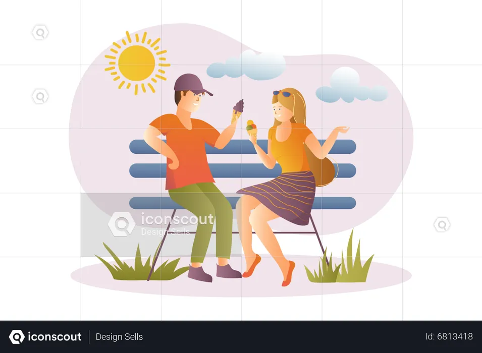 Couple enjoying ice cream in summer heat  Illustration