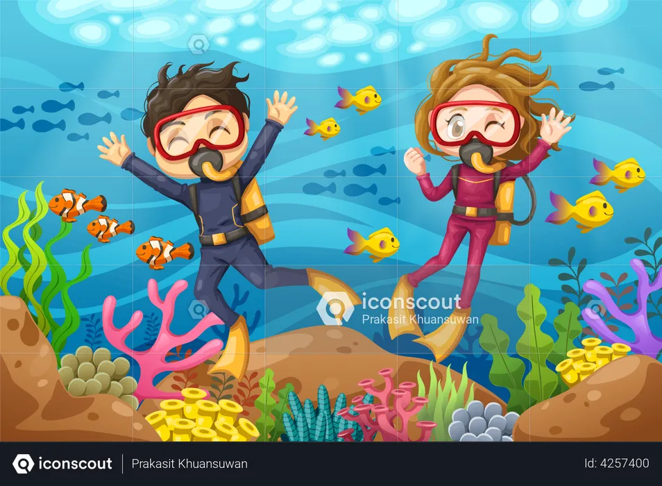 Couple enjoying scuba diving underwater  Illustration
