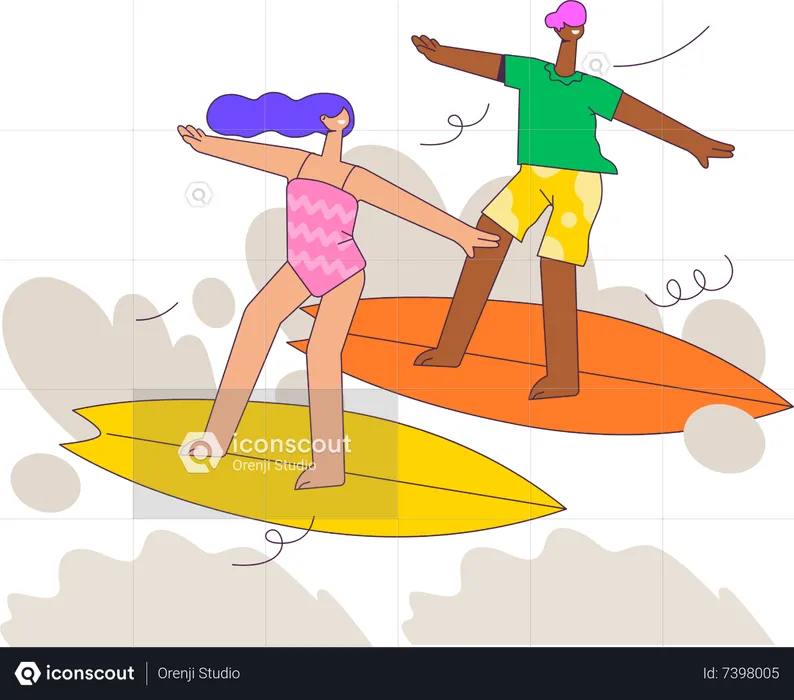 Couple enjoying Surfing  Illustration