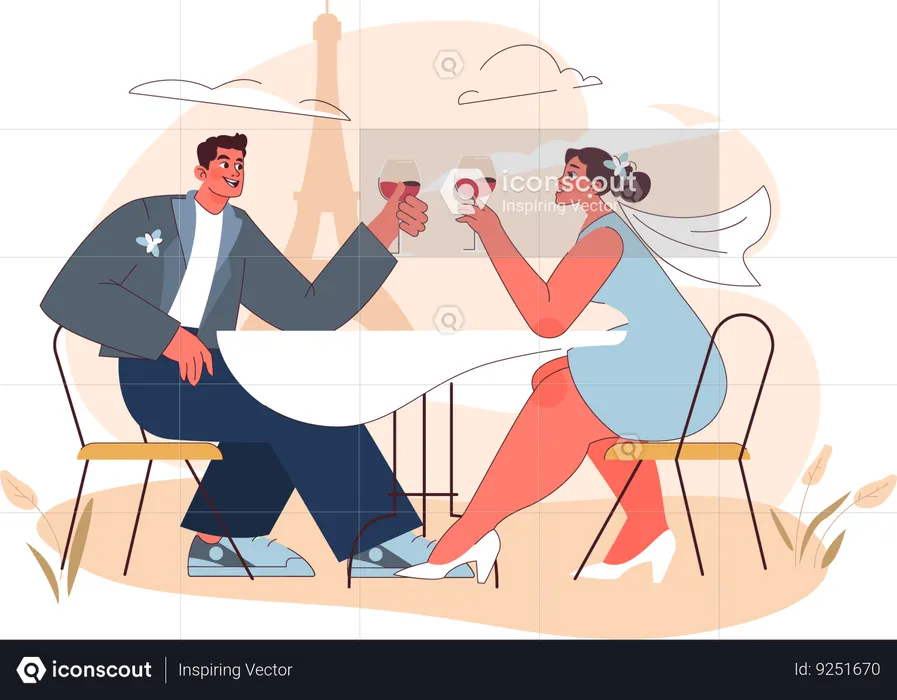 Couple enjoying wine at honeymoon  Illustration