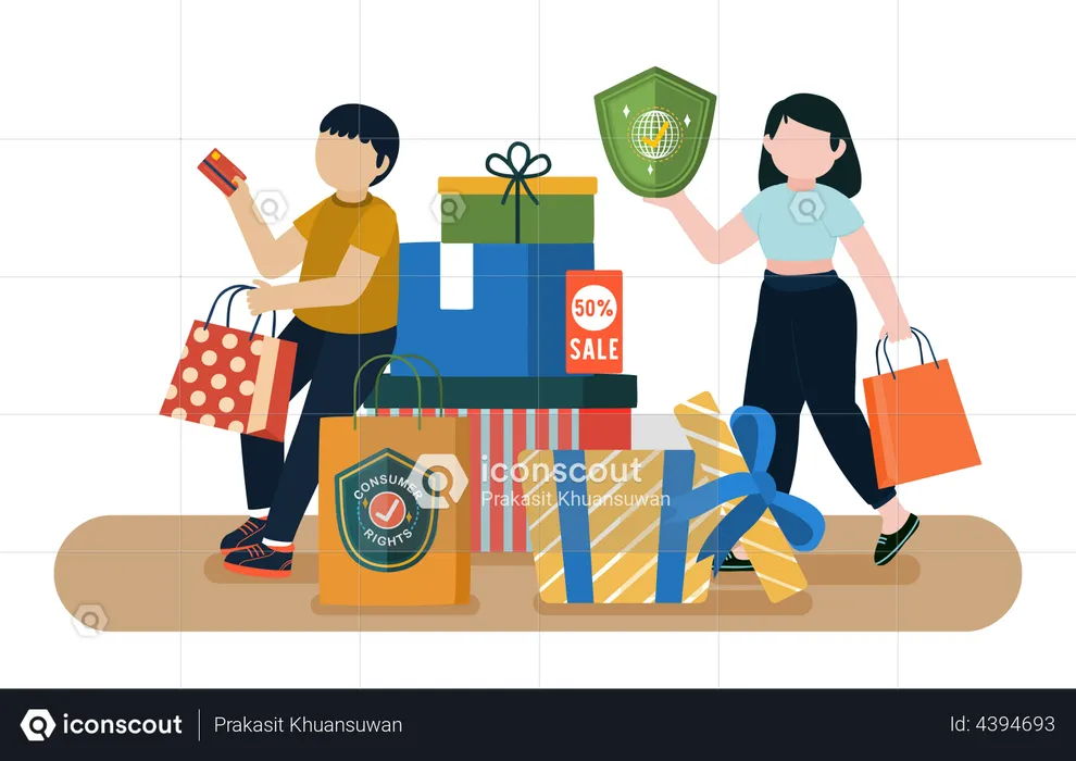 Couple faisant du shopping avec le droit du consommateur  Illustration