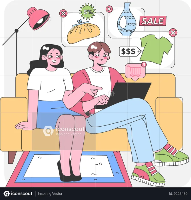 Couple faisant des achats en ligne  Illustration