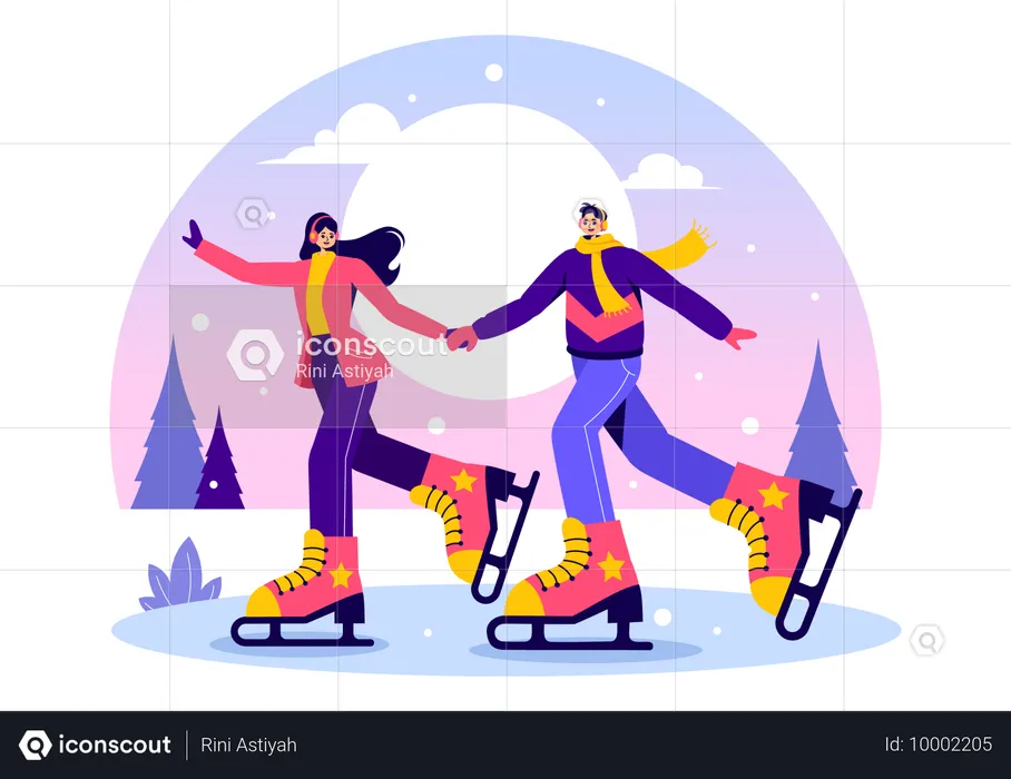 Couple faisant du patinage sur glace dans une patinoire  Illustration