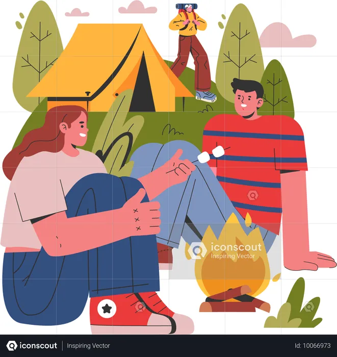 Un couple fait frire des guimauves ensemble en camping  Illustration